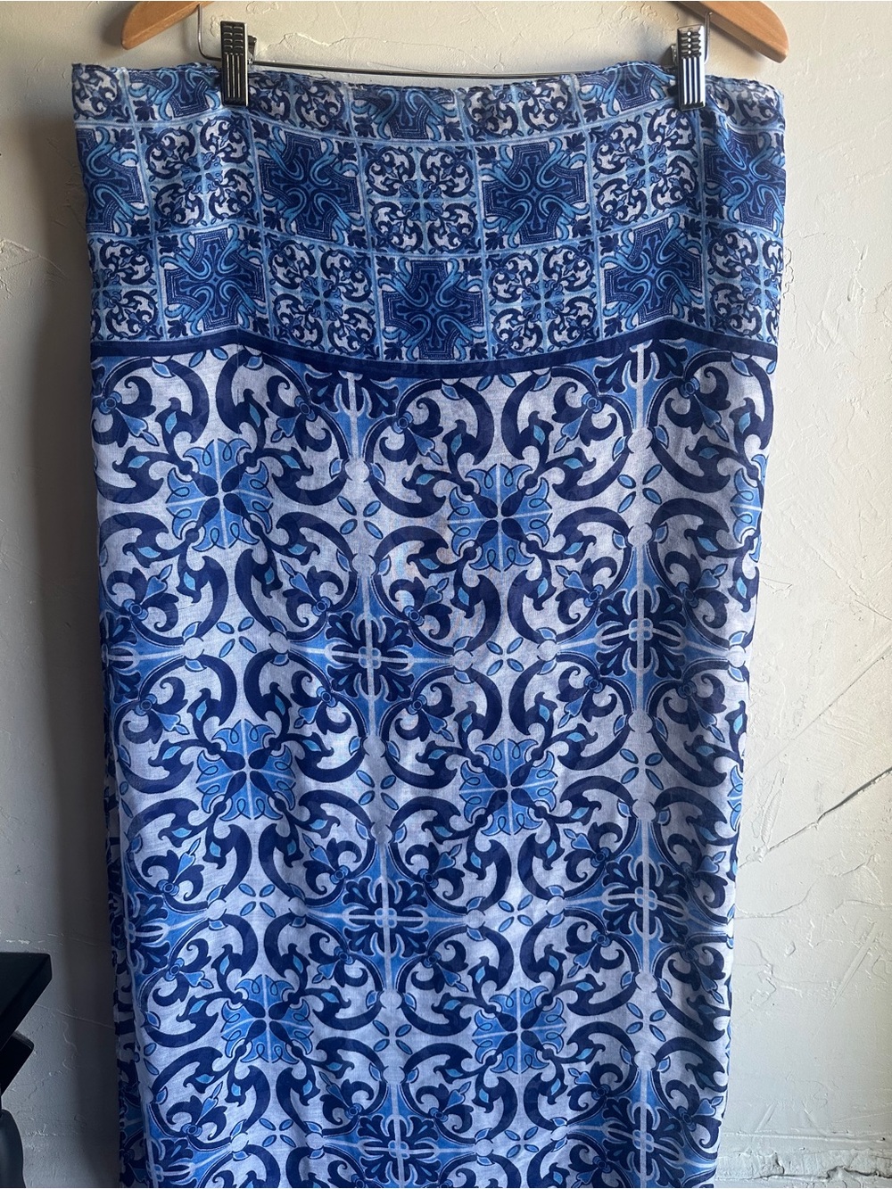 Blue Tile Print Scarf Wrap Blue White Mediterranean Boho Euro Summer 104x78